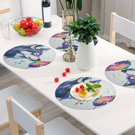 

Round Grid Placemat One Sizex1 Round Placemat PVC Plate Mat，15.4 Inch Non-Slip and Heat Resistant Table Placemat Dining Room Placemat Wolf and Butterfly