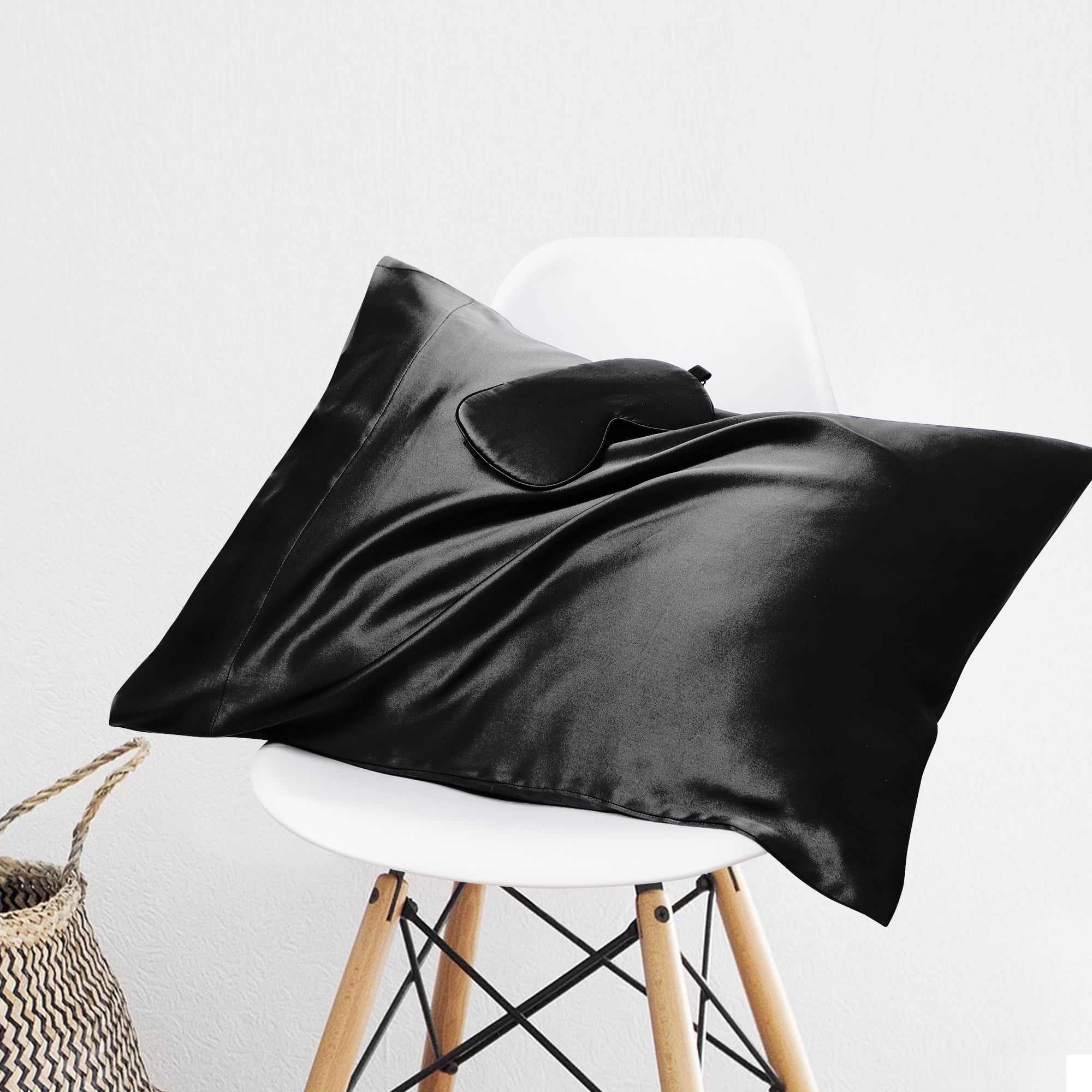 PiccoCasa 19 Momme Silk Pillowcase with Eye Cover Set Queen Black