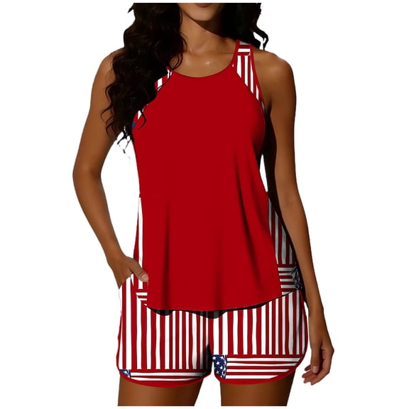 qucoqpe 4th of July Patriotic Tankini Swimsuits for Women Independence Day Print Two Piece Modest Bathing Suits Beach Swimwear with Boyshorts