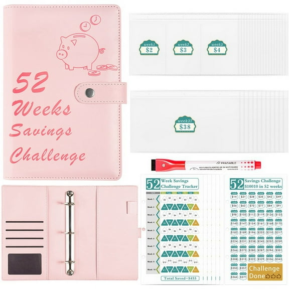 52 Week Money Saving Challenge Binder with Savings Challenges Book Cash Envelopes for Budget Planner Financial Pink,1 set x Money Saving Binder,Pink