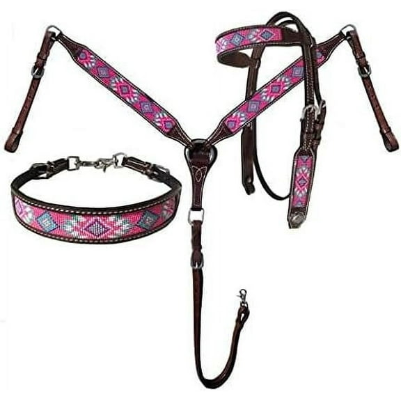 MARTIN ENTERPRISES Western Premium Leather Equestrian Trail Hand Carved Tooled Beaded Headstall, Breast Collar, Reins & Wither Straps Size Full
