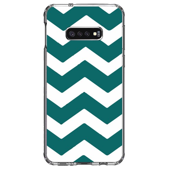 DistinctInk Clear Shockproof Hybrid Case for Samsung Galaxy S10e (5.8" Screen) - TPU Bumper, Acrylic Back, Tempered Glass Screen Protector - Teal White Stripes - Stripes Pattern