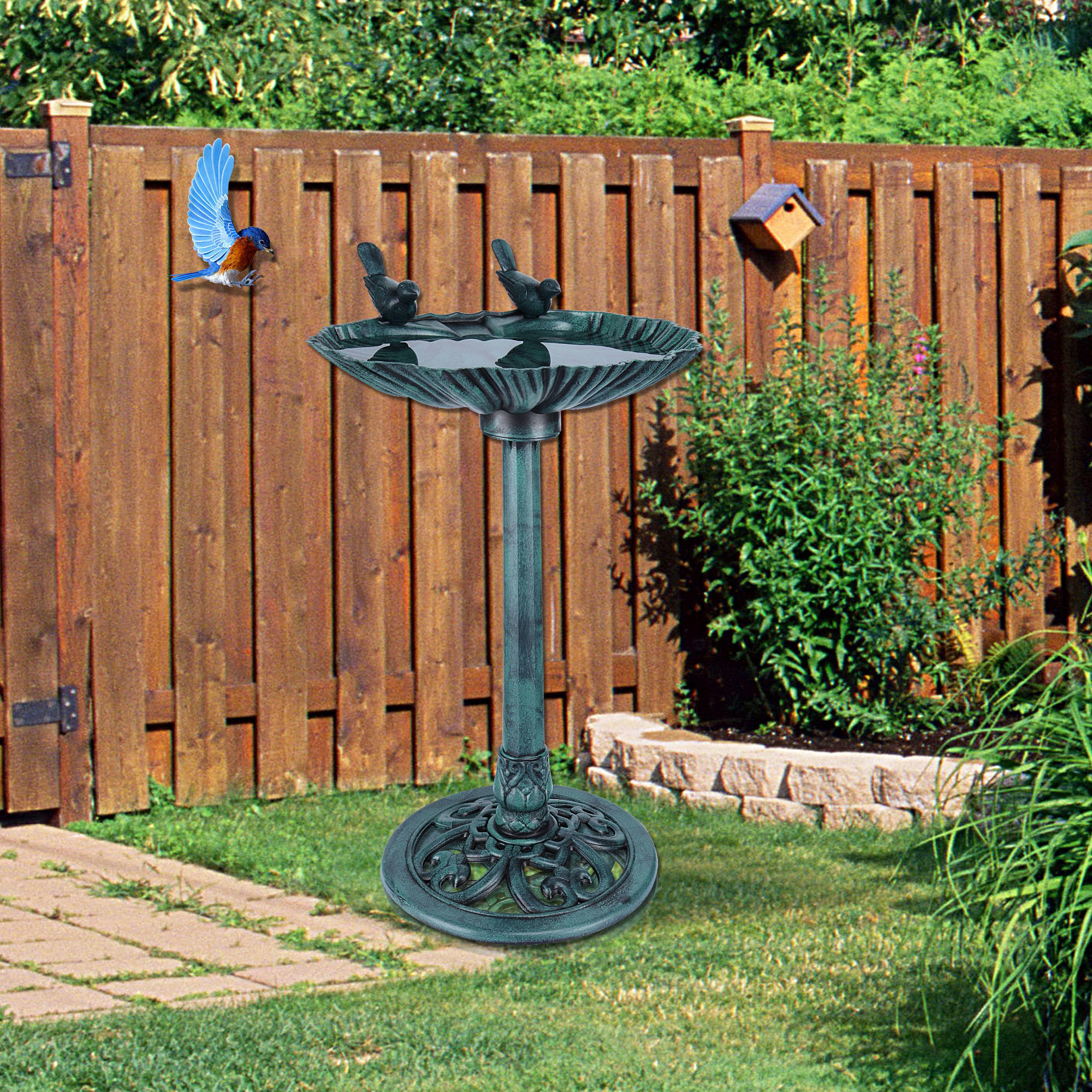 Bain D'oiseaux Métal Extérieur Bain D'oiseaux En Métal Vert Avec Base 3 Griffes - Autoportant Pour Jardin, Terrasse Ou Pelouse Mangeoire Et Bain Oiseaux Autonome Patio