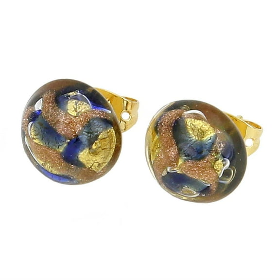 GlassOfVenice Murano Glass Button Stud Earrings - Gold and Blue