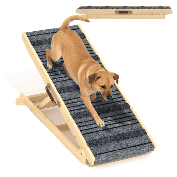 TIMHAKA Dog Ramp for Bed w/ 7 Adjustable Heights, Folding Pet Ramp for Small, Large & Cats w/ Non-Slip Surface & Strip, Height from 10.2" to 26.8"(Supports up to 150lbs)
