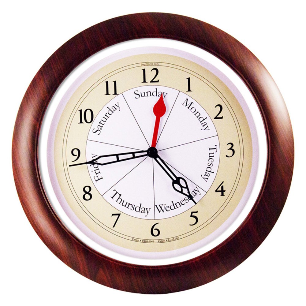 DayClocks Combination DayoftheWeek Wall Clock with Walnut Trim