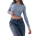 thumbnail image 3 of Caoirhny Womenacute;s Autumn Slim Cropped Tops, Solid Color Round-Neck Long Sleeve Show Navel T-Shirt, 3 of 9
