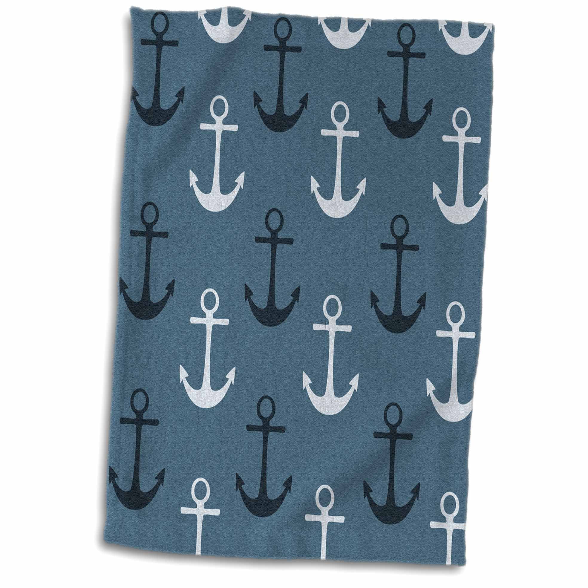 3dRose Nautical Anchors in Blue and White beach theme Towel, 15 by 22
