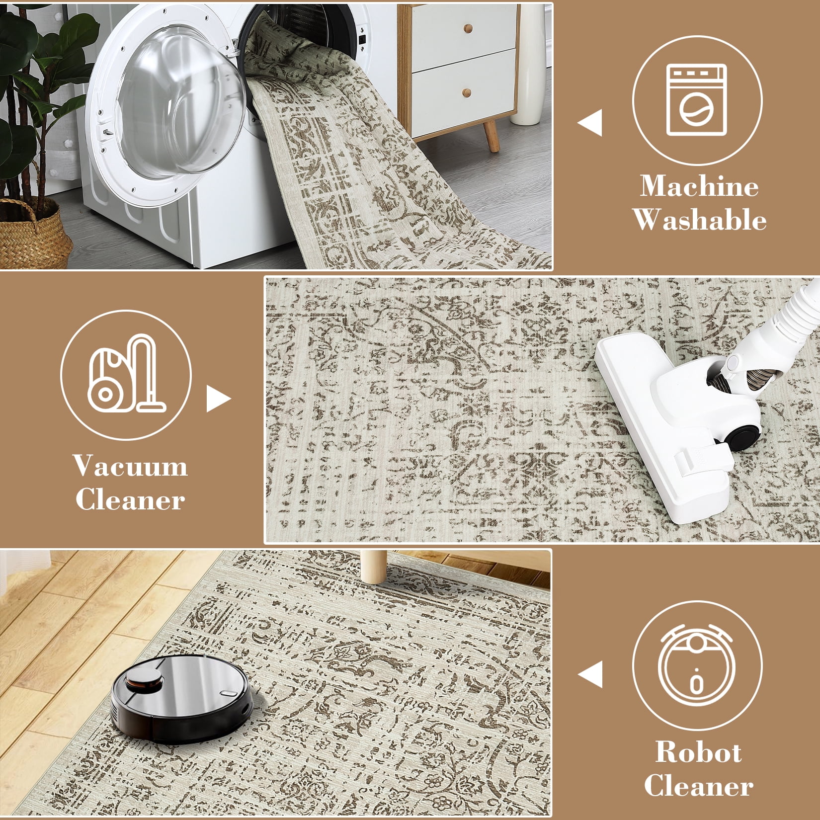 Hasoo 8' x 10' Area Rug for Living Room Boho Vintage Rug Non Slip Throw Rugs Floral Indoor Carpet, Taupe
