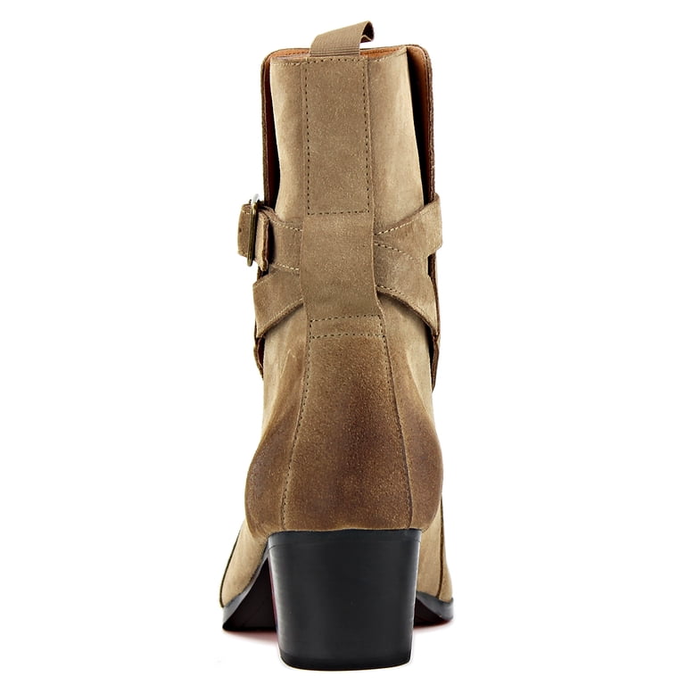 OSSTONE Men's Chukka Boots - Leather Suede Dress Boots With Buckle, Casual Heel, Wood Sole, Beige, Size 9.5
