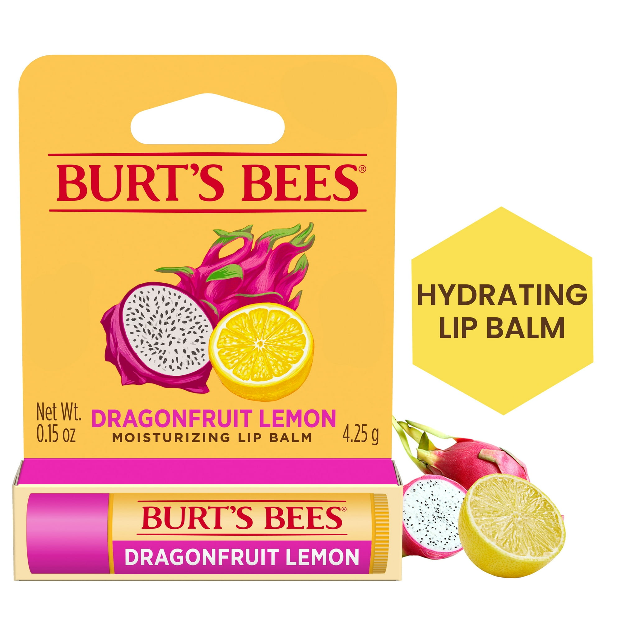 Burt's Bees Dragonfruit Lemon Lip Balm, Natural Origin Lip Care, 1 Tube, 0.15 oz.