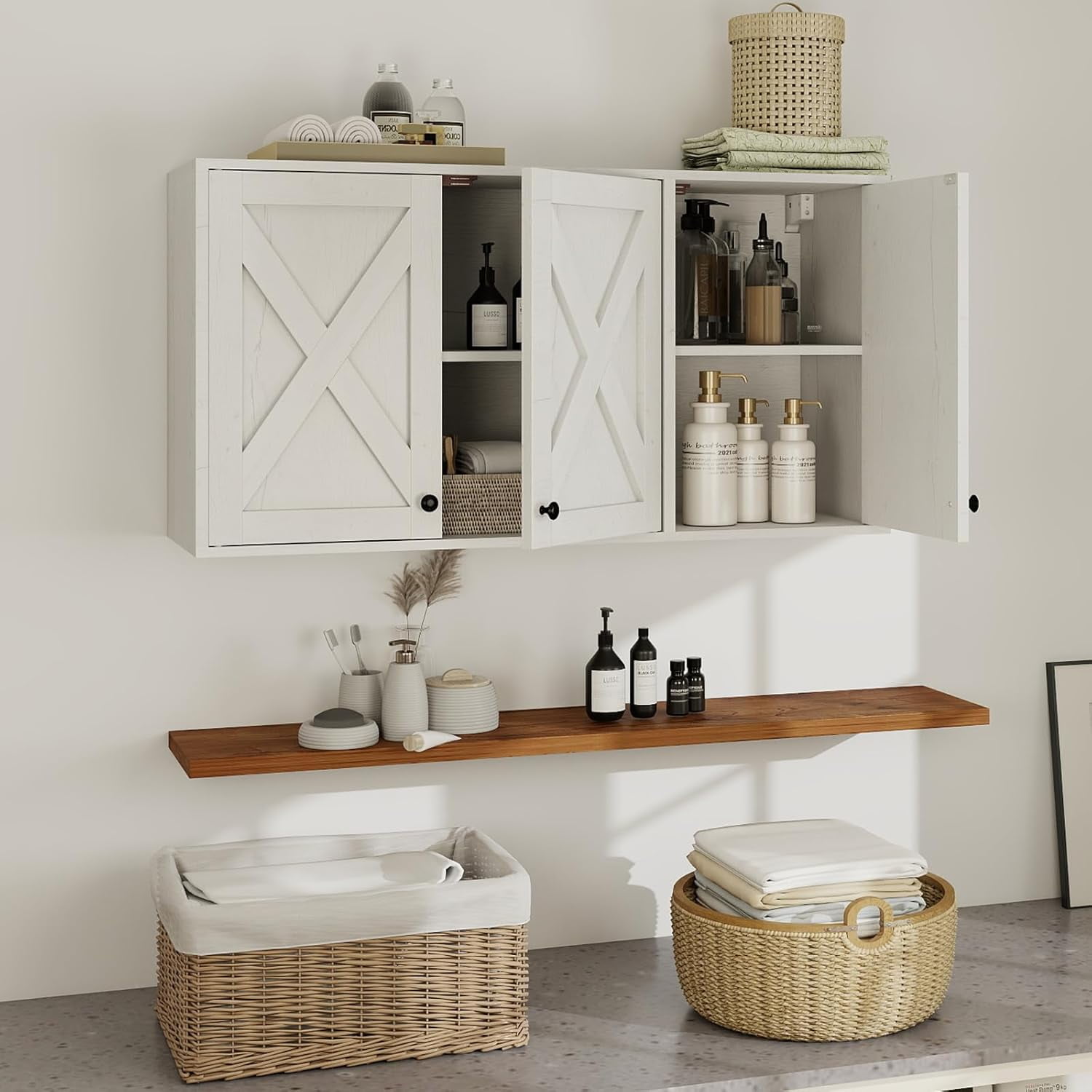 PULUOMIS 36" W Laundry Cabinet, Medicine Cabinet, Bathroom Kitchen Storage Wall Mounted Farmhouse Organizer with Shelves Over Toilet, White