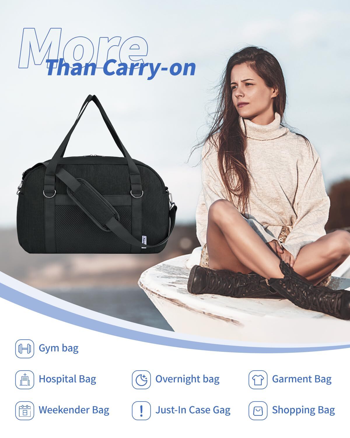 Underseat Bag Weekender Travel Duffel Tote with Adjustable Shoulder Straps for Spirit Airlines Personal Item Bag 18x14x8 for Gym Overnight, Black