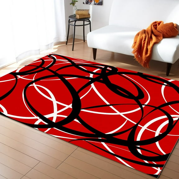 Area Rug 4'x6' Red Black White Modern Abstract Art Lines Washable Area Rugs Non Shedding Floor Carpet Rubber Backing Non-Slip Indoor Mats for Living Room Bedroom Kitchen