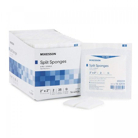McKesson I.V./Drain Split Sponge Poly/Rayon Blend, High Absorbent, 6-Ply, 2 Inches x 2 Inches, Square, White, Sterile, 2 per Pack, One Case of 1,400 Sponges
