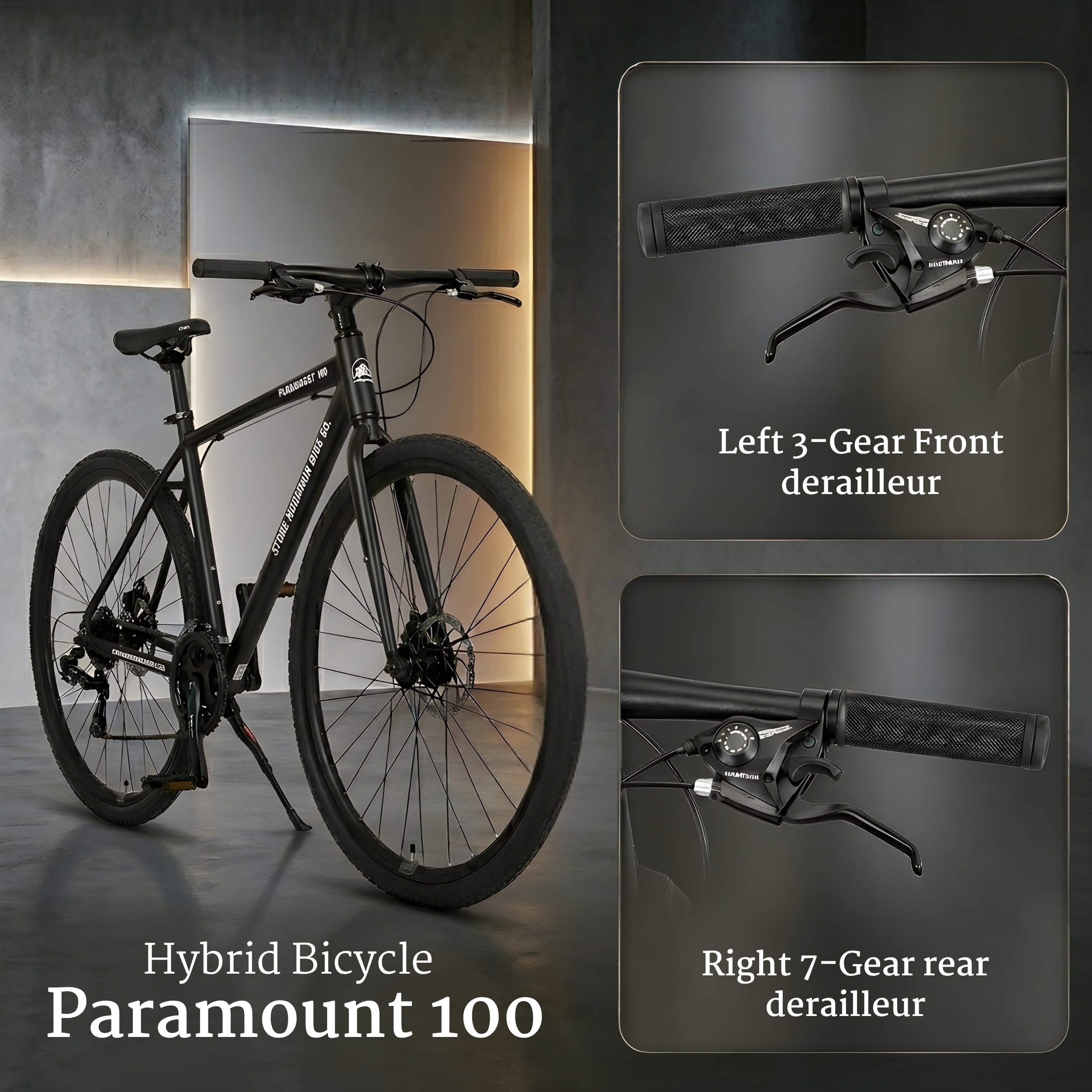 5Seconds PARAMOUNT 100 Hybrid Bicycle, Lightweight Aluminum Frame 21- Speed Bike with Trigger Shifters, and Mechanical Disc Brakes - Black