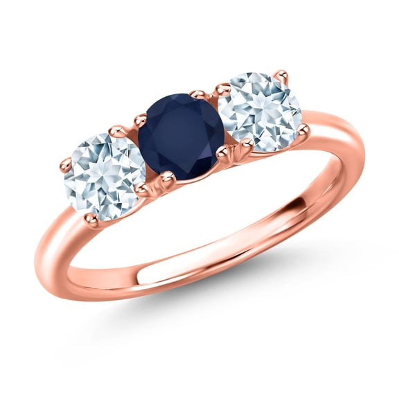 Gem Stone King 18K Rose Gold Plated Silver Blue Sapphire and Sky Blue Aquamarine Engagement Ring for Women | 1.60 Cttw | Round 5MM | Gemstone September Birthstone | Size 8