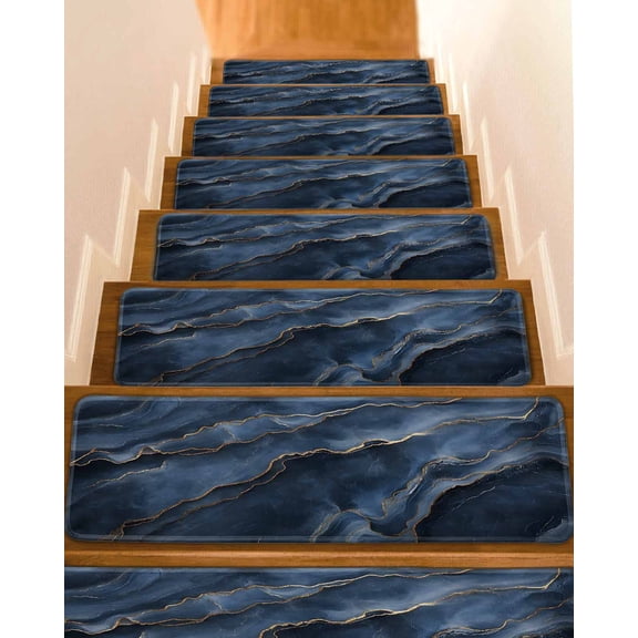 Navy Blue Non-Slip Stair Treads for Wooden Steps, 15 Pack-8x30in Carpet Stair Mats with Adhesive Backing, Noise-Reducing Step Covers for Indoor Stairs, Easy to Install & Residue-Free