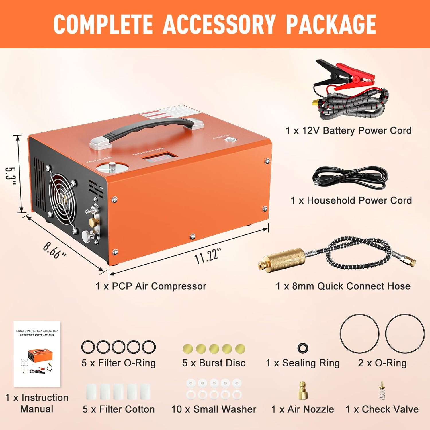 PCP Air Compressor, Max 4500 PSI / 300 Bar, Fast Fill for Airguns or Paintball Tank, Auto Shut-Off, Dual Power Car 12V DC or Home 120V AC, Built-in Cooling Fan, Portable Pcp Pump(Auto-Stop)