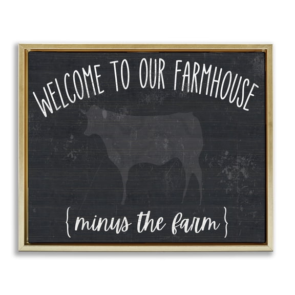 Stupell Industries Eclectic Welcome To Farmhouse Playful Rustic Cow Motif Gold Floating Frame Canvas Art, 21 x 17, by White Ladder
