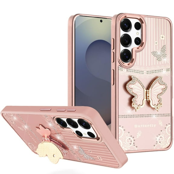 For Samsung s25 Ultra Splendid Glitter Butterfly Design Stand with Metallic Edges Hybrid Case - Rose Gold