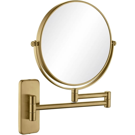 KIBI Circular Wall Mount Makeup Mirror, Dual-Sided 1x/5x Magnifying Mirror with Extendable Arm, 360° Swivel, Solid Brass Construction for Durability and Style (Brushed Brass - KMM100)