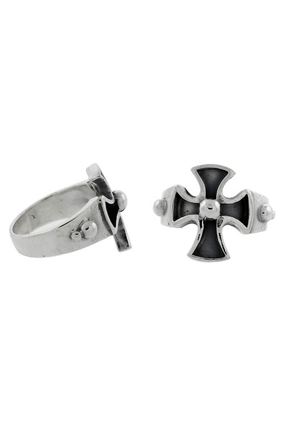 Sterling Silver Maltese / Iron Cross Gothic Biker Ring w/ Bead 11/16 inch wide, size 12