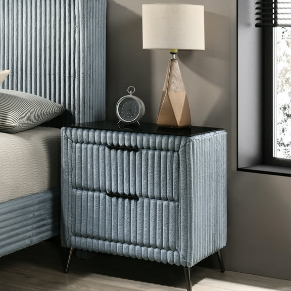 Wide Wale Corduroy Upholstery Nightstand, Blue - 2 Drawer Bedroom Furniture With Metal Legs And Elegant Design