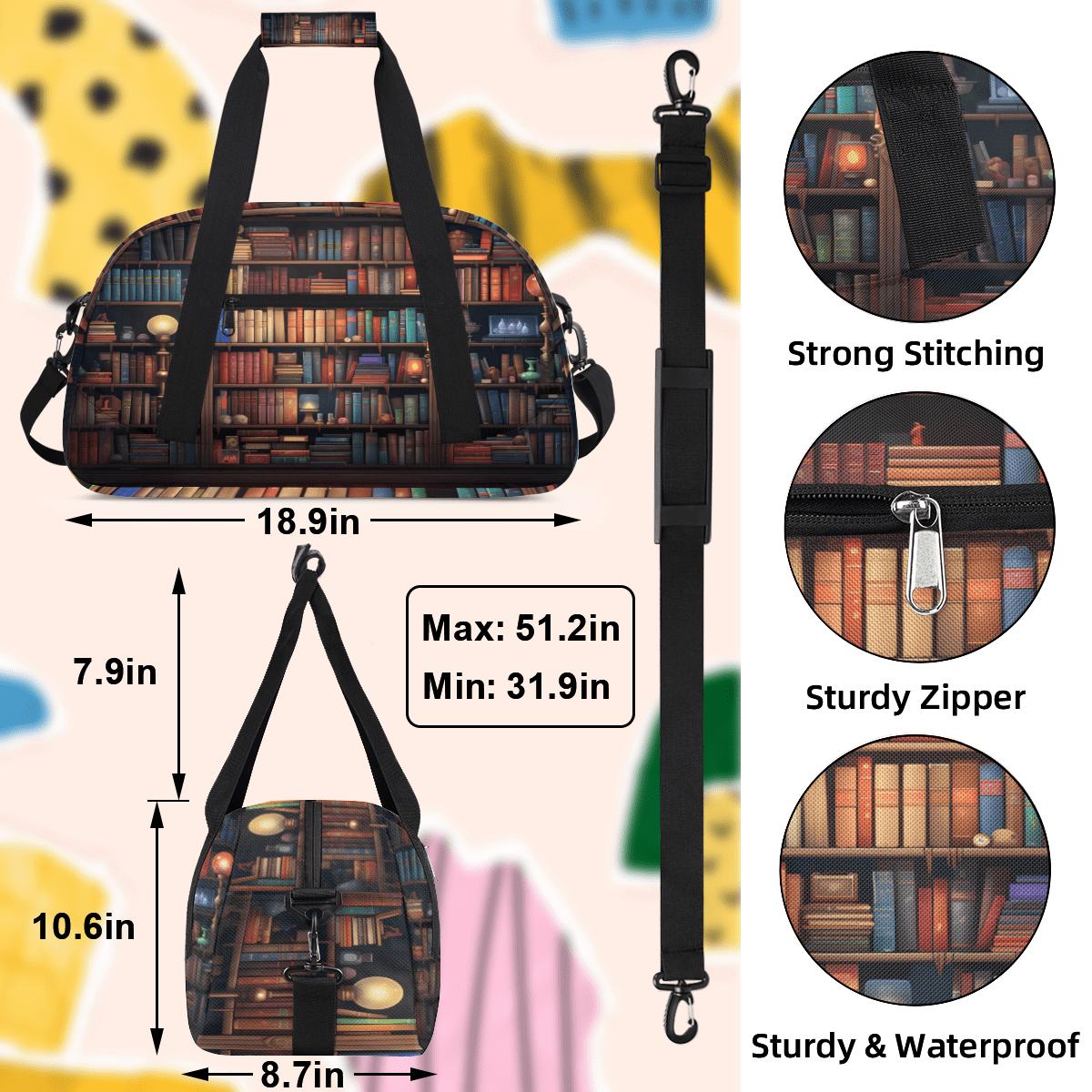Herdesigns Library Sports Duffle Bag for Women & Men, Library Bookshelf Gym Bag Dance Bag Overnight Bag Carry On Weekender Travel Bag