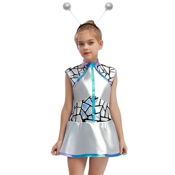 Ocealan 2Pcs Girls Alien Outfits Metallic Mock Zip Front Tutu Dress with Headband for Party Dance Silver 12