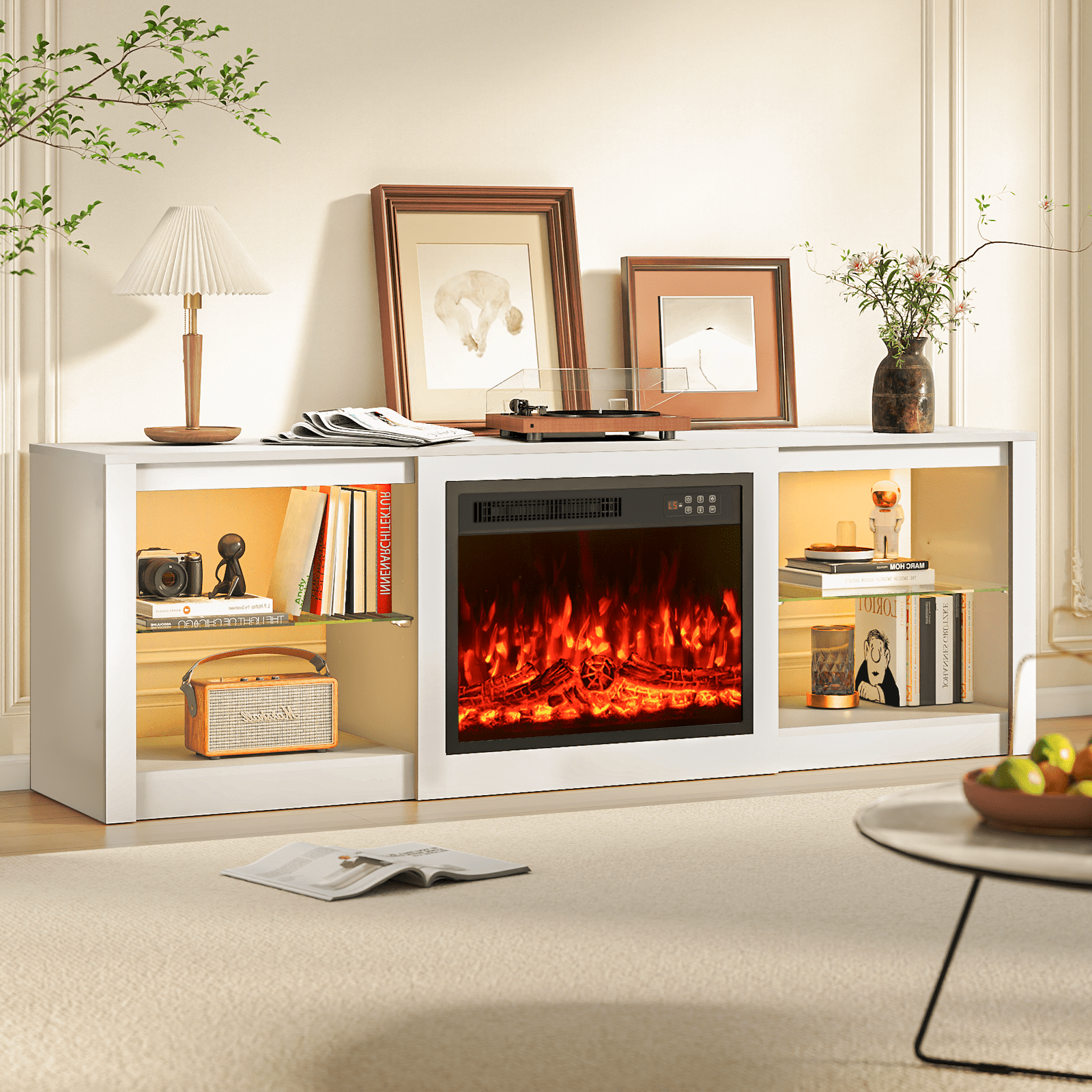 Rocyis 70'' Fireplace TV Stand with LED Light and Entertainment Center for 80'' TV with Adjustable Glass Shelves, White TV Console for Living Room/Bedrom, White
