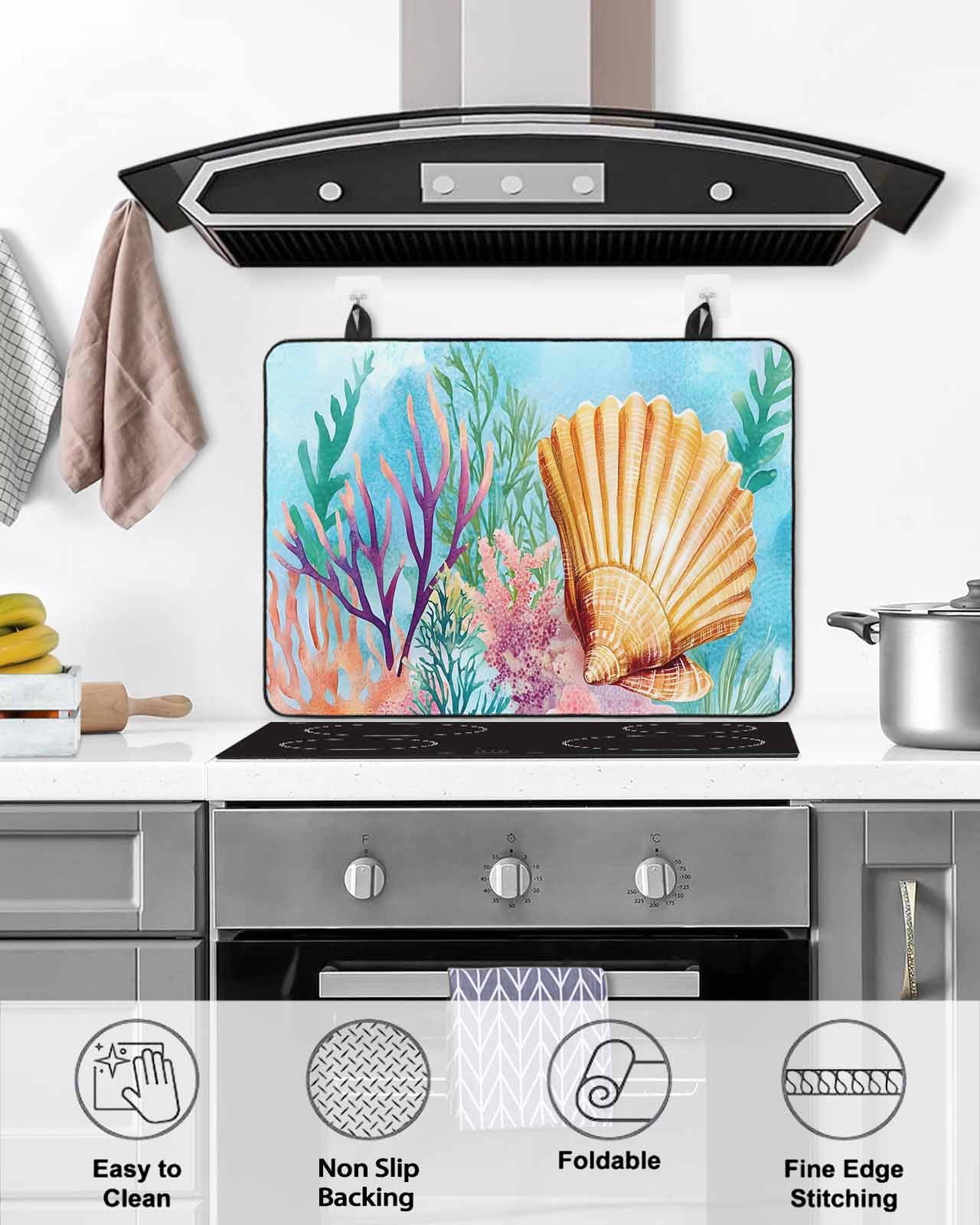 nqOlkjepod Large Induction Cooktop Protector Mat 24"x21", Summer Ocean Stove Top Covers for Electric Stove, Coastal Watercolor Shell Coral Decorative Stove Burner Cover Mats, Glass Top Stove Cover