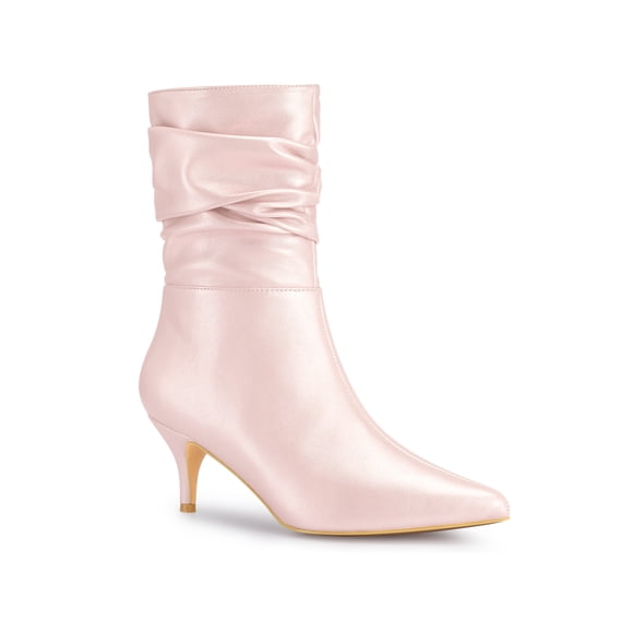 BLISSFUL STEP Women's Boots Faux Leather Mid Calf Slouch Pointed Toe Kitten Heel Zip Up Boots Light Pink 6
