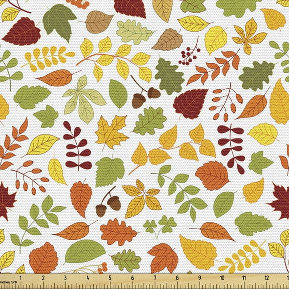 Ambesonne Acorn Fabric by the Yard Upholstery, Autumn Fallen Leaves Herb, 5 Yards, Multicolor