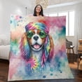 thumbnail image 2 of Hippie Cavalier King Charles Spaniel Portrait Watercolor Tie-Dye Vintage Styles Quilt Blanket Dog Lover Gifts Cozy Comforter Throw Blanket - 00014, 2 of 5