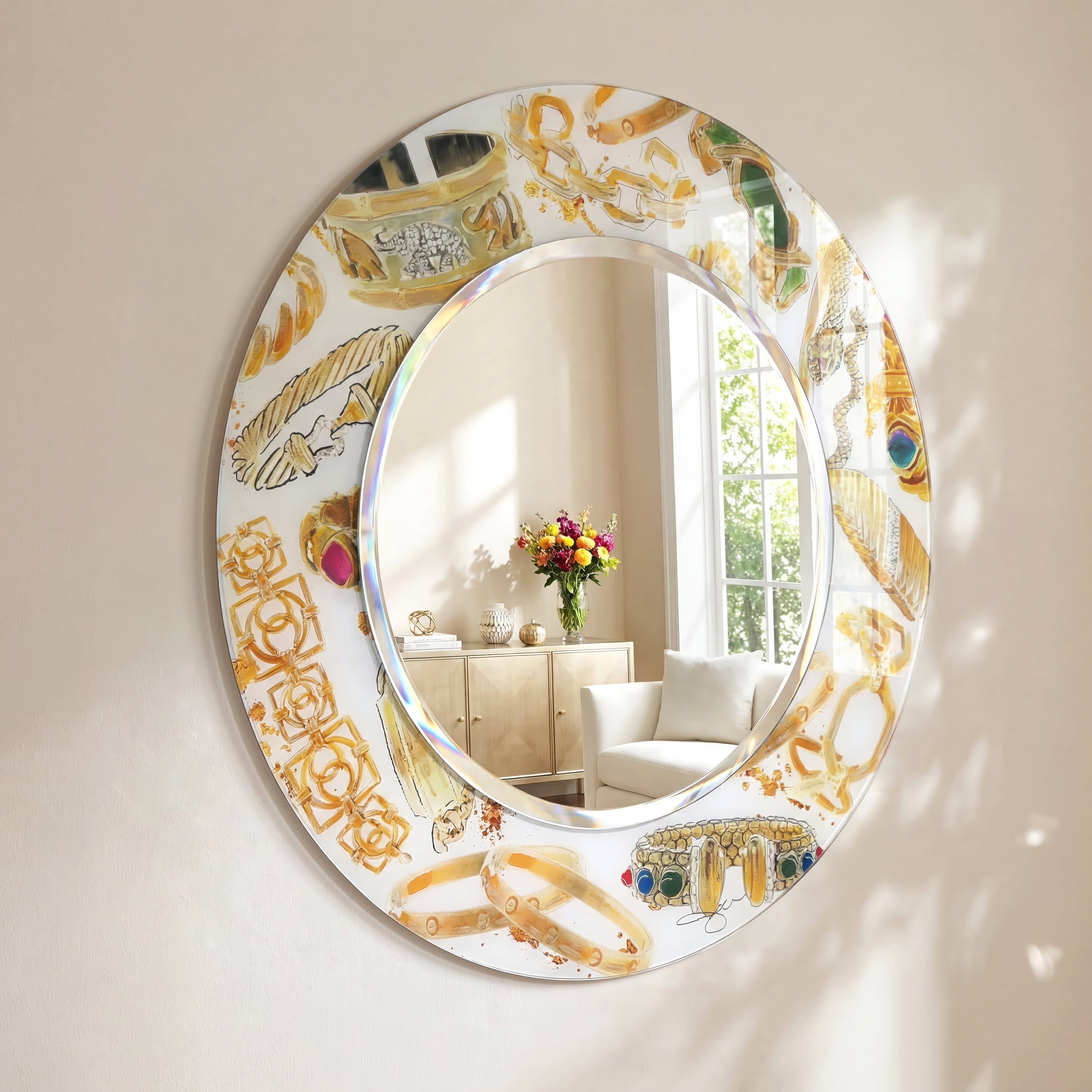 Empire Art Direct 36" Square Reverse Printed Tempered Art Glass with 24" Round Beveled Mirror - 36 in. x 0.4 in. x 36 in. Gold Gold, White