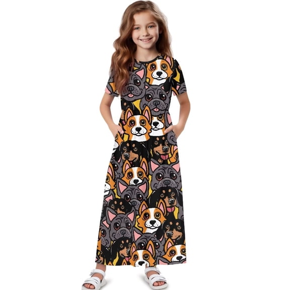Uourmeti Girls Casual Dresses Swing Cartoon Dogs Printed Short Sleeve Loose Maxi Dresses for Birthday Party, Kindergarten, Daily Wear, Size 11-12 Years