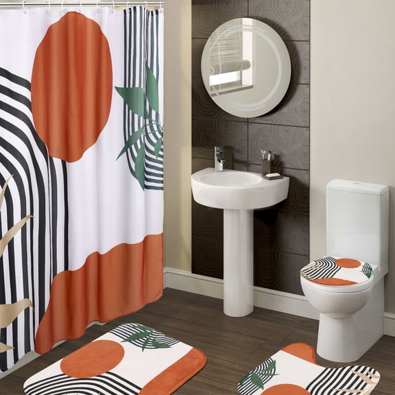 4Pcs Mid Century Shower Curtain Set Polyester Bathroom Curtains Shower Set Waterproof Bohemian Style Bathroom Set Privacy Protection Minimalist Shower Curtain for Bathroom