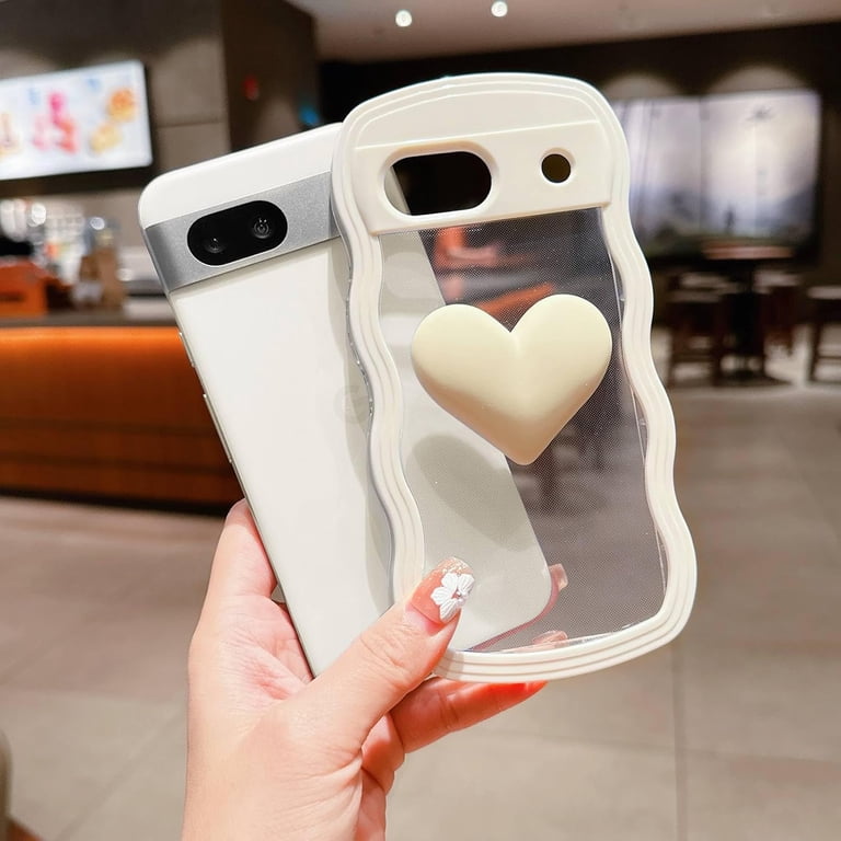 for Google Pixel 8A Case 6.1" 3D Kawaii Love Heart Cute Curly Wavy Clear  Transparent Cream Color Non-Slip Soft Silicone Bumper Shockproof Protective  ...