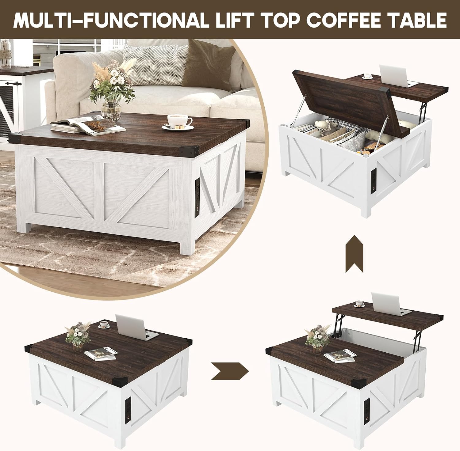 Chvans 35.6" Square Lift-Top Coffee Table, Farmhouse photo 6