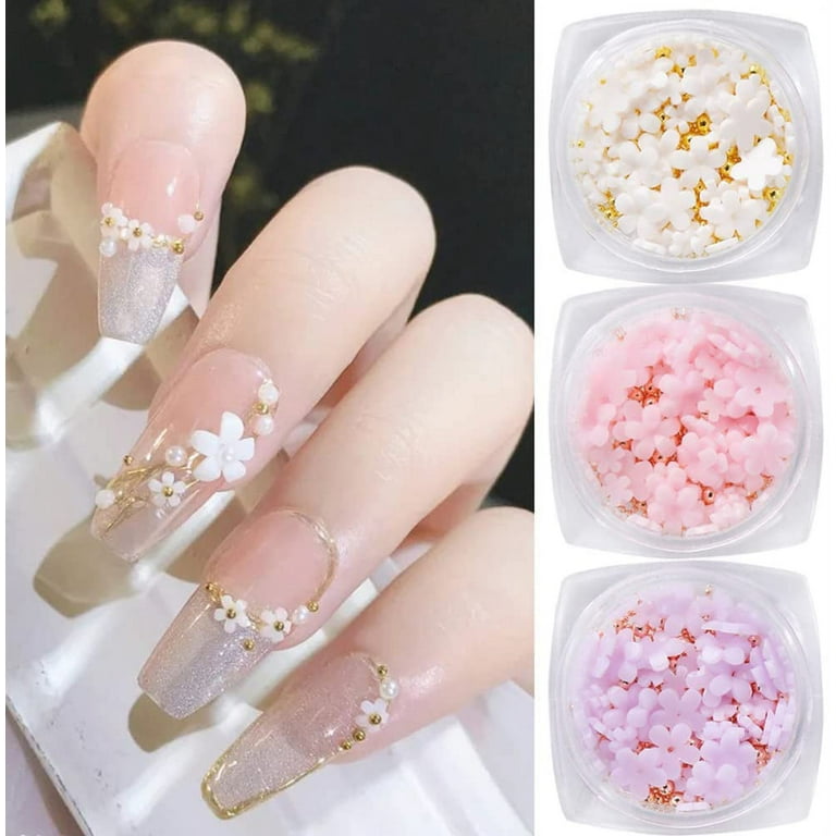 3D Flower Nail Charms, 6boxes 3D Flower Nail Rhinestone for Acrylic Nails Cherry Blossom Spring Nail Art Supplies with Pearls Manicure DIY Nail