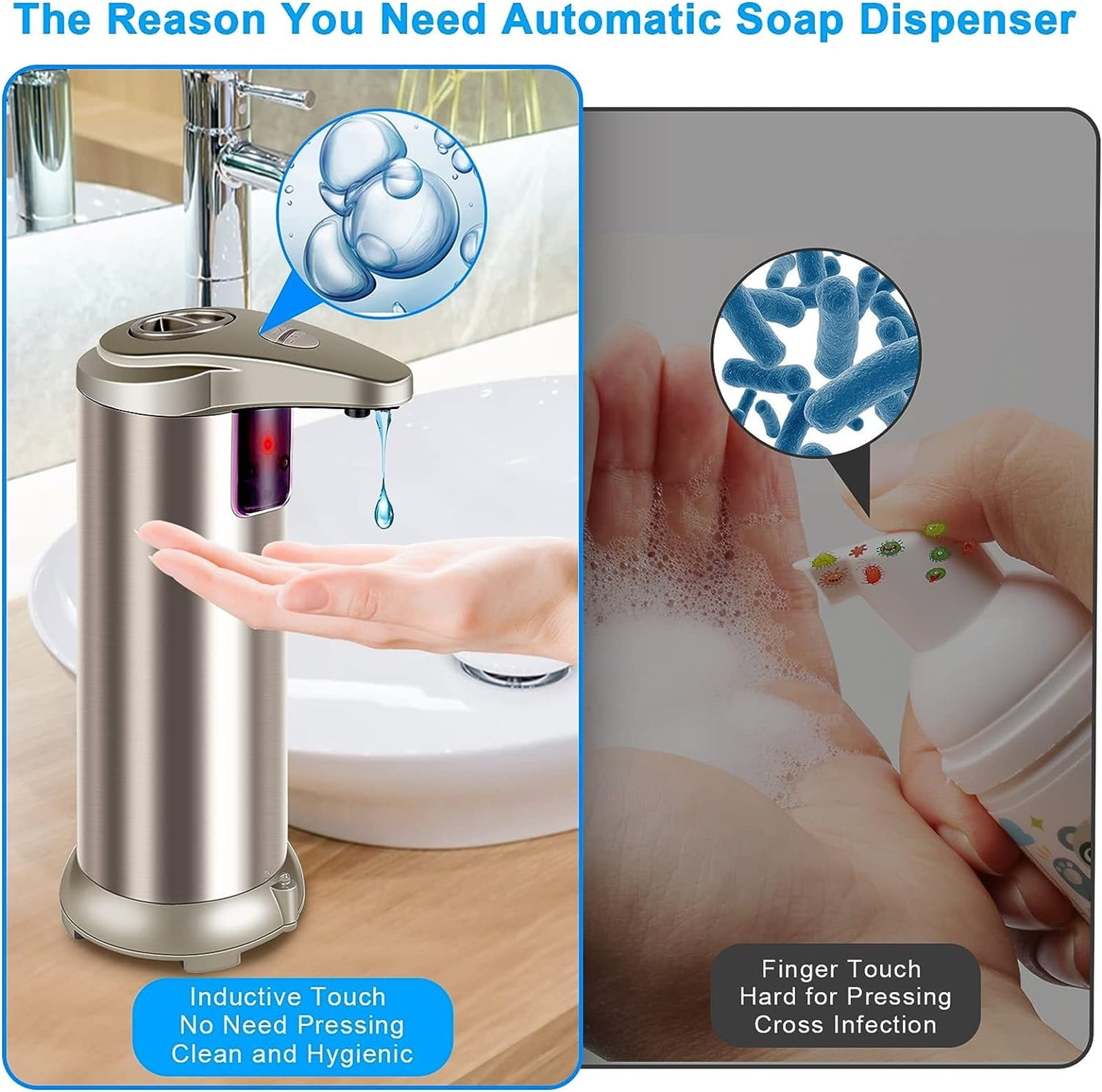 1 Pcs Automatic Soap Dispenser, Stainless Steel Touchless Pump, Smart Liquid Soap Dispenser, Hand Soap Dispenser for Bathroom Kitchen School Hotel