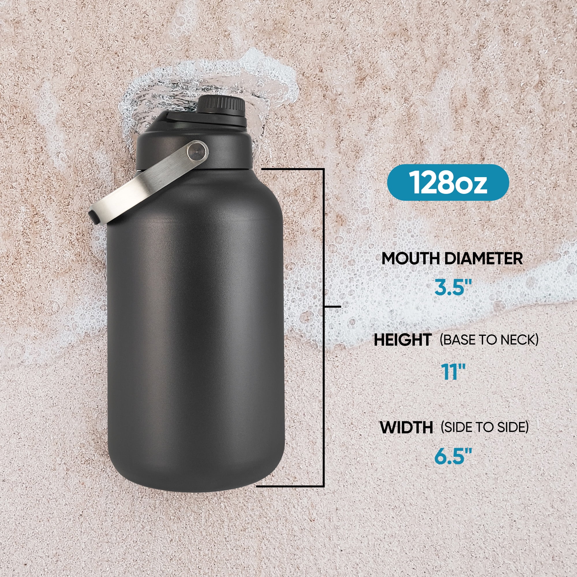Hawsaiy 128oz Insulated Water Bottle with Wide Mouth, One Gallon Stainless Steel Double Vacuum Water Bottle for Hot & Cold Drinks, Big Water Jug with Handle for Sports, Travel, Black