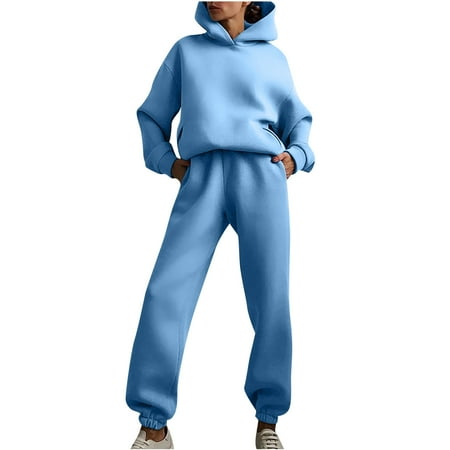 

Juebong Women Casual Solid Color Two Piece Long Pants Hooded Pullover Long Sleeve Sweatshirts Sets