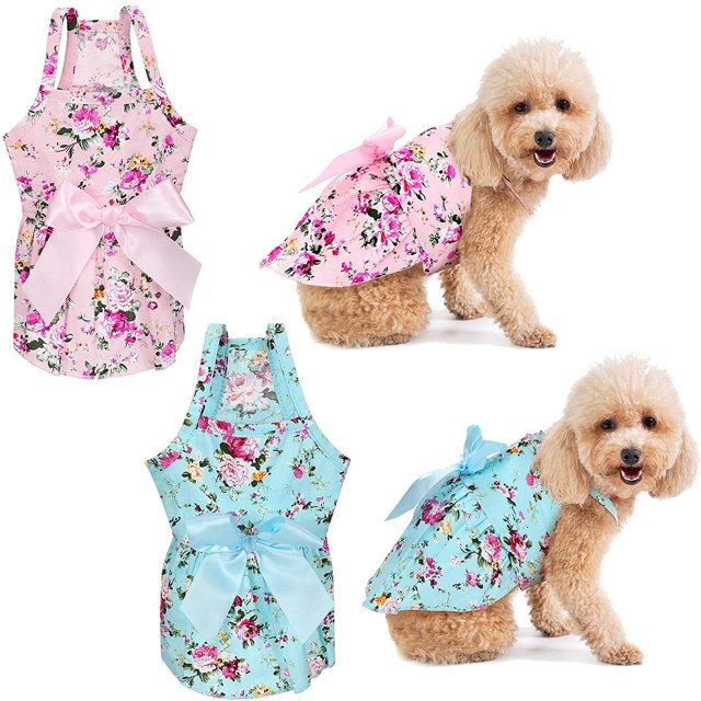 2 Pcs Dress Chien Fille Nœud Floral Dress Mignon Rosette Chien Robe d'Été Chien Princesse Robes pour Petit Animal Chiot Chiens et Chats (Motif Fleur) m