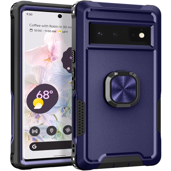 SaniMore for Google Pixel 7 Pro Multi-Functional Case, 3-Layer Protection Magnetic Cover Support Car Mount & 360° Rotatable Metal Ring Kickstand Full Body Shockproof Protective Shell, Blue