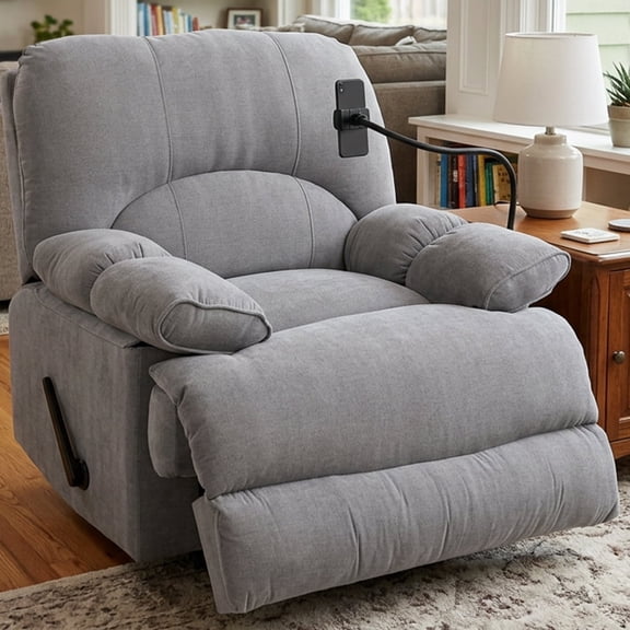 Alwalue Adult Textile Living Room Heavy Duty and Overstuffed Recliner with Phone Holder, Gray