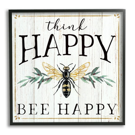 Stupell Industries Think Happy Bee Happy Phrase Insect Pun, 12 x 12, Design by Elizabeth Tyndall