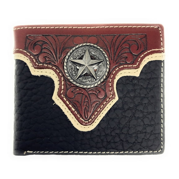Western Genuine Leather Floral Tooled Texas Star Concho Mens Short Bifold Wallet