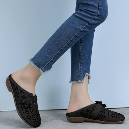 

Sawvnm Women s Fashion Slippers Hollow Bow Flower Shoes Flat Bottom Baotou Sandals Hot Sales Black US:6